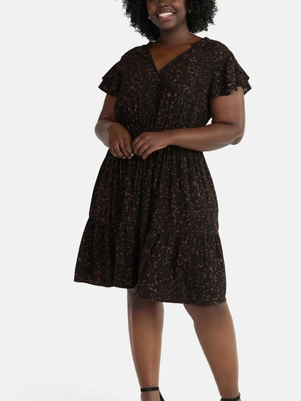 Terra & Sky Leopard Sienna Brown Flutter Sleeves Mini Dress